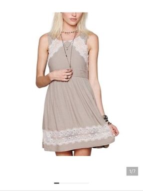 Free People Taupe Mini Dress with Cream Lace Accents